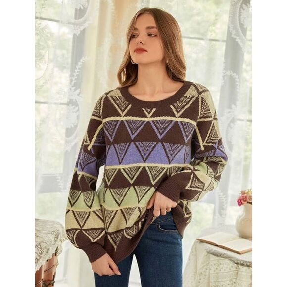 SHEIN MOD Multicolor Geometric Pattern Crewneck Sweater - Picture 3 of 7